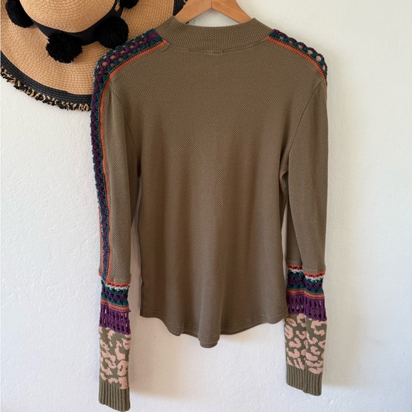 Free People Olive Green Switch It Up Crochet Trim Long Sleeve Thermal Top Large - Picture 9 of 16